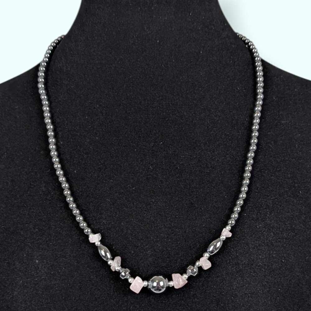 Hematite & Pink Quartz Beaded Necklace